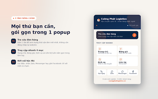 Cường Phát Logistics :: Truy cập nhanh Cường Phát Logistics: tra cứu đơn hàng, bảng giá vận chuyển quốc tế và liên hệ hỗ trợ 24/7.