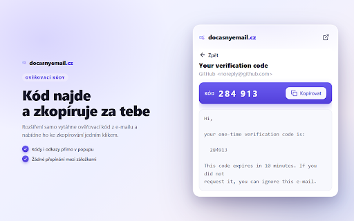 Dočasný e-mail – docasnyemail.cz :: Vytvoř dočasnou e-mailovou adresu na jeden klik, vyplň ji do formuláře a čti příchozí kódy. Chraň se před spamem.