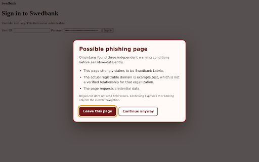 OriginLens :: Local-first phishing warnings using claimed identity, sensitive-data intent, verified domains, and bounded page behavior.
