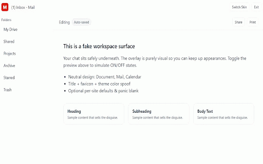 StealthGPT — Disguise Chat Sites :: Instantly disguise AI chat sites as neutral pages with a simple toggle.
