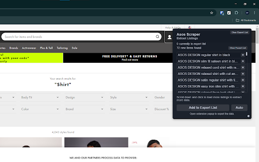 Asos Scraper: Export Search, Products, Reviews & more :: Scrape Product Listings, Cart, Reviews, and more from Asos, with options to export in formats such as CSV, Excel, JSON and others