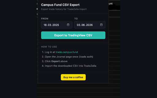 TradingView CSV Exporter for Campus Fund :: Export Campus Fund trade history as TradingView CSV for TradeZella. Not affiliated with Campus Fund.