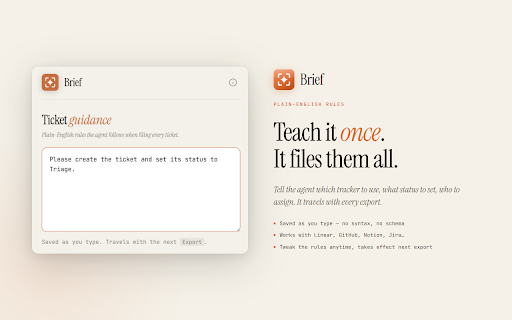 Brief :: Record what you want, hit stop. Your coding agent reads the brief and files the ticket. Local-first voice + tab capture.