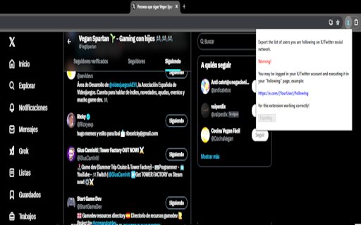 X/Twitter Following export :: Exports the list of users that you are following in X/Twitter social network and generates a JSON file.