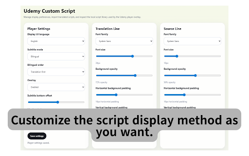 Udemy Custom Script :: Export Udemy transcripts, translate them with AI or custom workflows, and display configurable subtitles in the player.