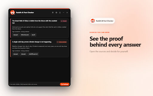 Reddit Lens - AI Fact Checker :: Fact check Reddit image posts and selected text with AI, live web evidence, clear verdicts, and clickable sources.