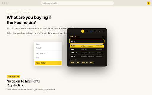 TickerPop :: Highlight a ticker on any page to see the price, chart, fundamentals, analyst calls and news. Works with any market. No account.
