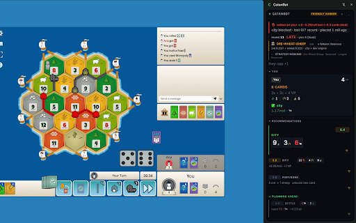 CatanBot: Colonist HUD :: Live Catan advisor for colonist.io. Move recs, robber & dev-card timing, opponent card tracking, post-game analysis. Local-only.
