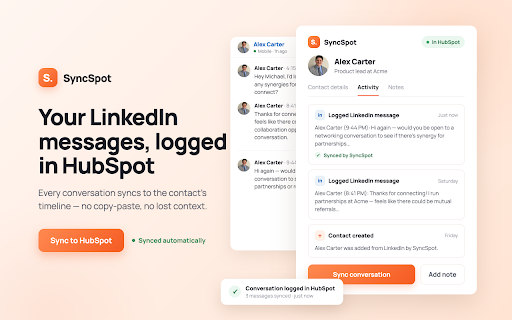 SyncSpot — HubSpot sync for LinkedIn :: One-click HubSpot contacts, notes and message logging from the LinkedIn profile you are viewing.