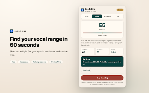 Suede Sing: Vocal Coach, Pitch Trainer & Vocal Range Test :: Free vocal coach in your browser: live pitch tuner, vocal range test, warmups, ear training, and a sing-along meter on YouTube.