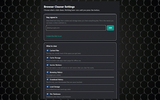 ToolBreezy.com - 1 Click Browser Cleaner & Clear Cache :: See your changes immediately without being logged out of everything. Clear one site or the lot, and keep the logins you need.