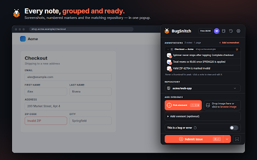 BugSnitch :: Capture page context and turn it into a focused GitHub or Linear issue, or a shareable link.