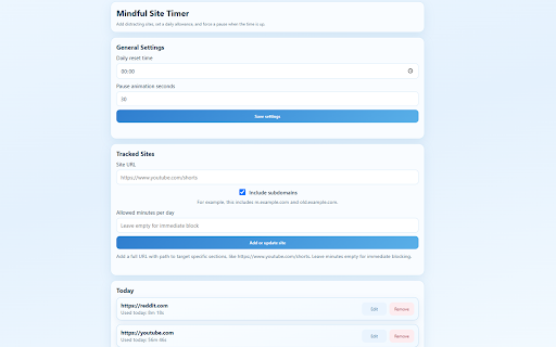 Mindful Site Timer :: Set daily limits for distracting sites and pause before continuing.