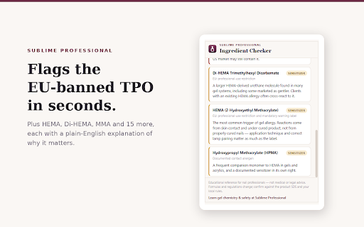 Nail Ingredient Checker :: Paste any nail product ingredient list and instantly see flagged monomers, allergens, and restricted ingredients.