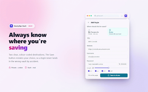 StackyOps Vault :: Fill logins from your StackyOps organization vault on matching sites — securely, over your org's own audit trail.