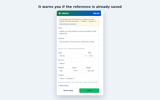 EZScite — save references :: Save the article you're reading to your EZScite library, with authors, journal, year and DOI already filled in.