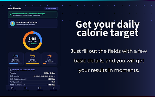 Free Calorie Calculator by GetFIT App :: Calculate your daily calorie needs & macro breakdown instantly. Track your history on a calendar. A free tool by GetFIT App.