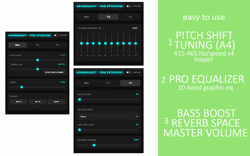 SoundAdapt :: Professional Sound Control. Pitch Shift, Tuning, Speed, Looper, EQ, Bass Boost, Reverb & Volume Up.