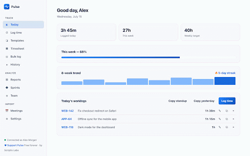 Pulse Companion — Log time to Jira :: Log time to Jira from any tab, with a popup and right-click menu. A companion to the free Pulse app for Jira.