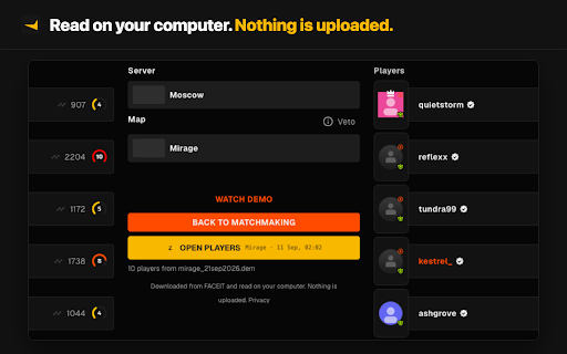 DemoVoice - Hear CS2 Demo Voice Comms (FACEIT) :: Hear voice comms in a FACEIT CS2 demo: one click on the match room, tick players, get tv_listen_voice_indices. Nothing is uploaded.