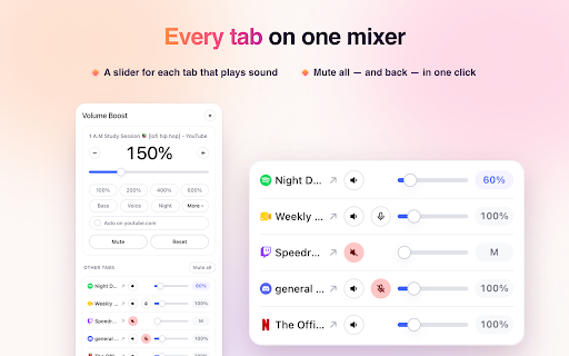 Volume Boost :: Simple volume boost for every Chrome tab: a volume booster up to 600% without crackle, with bass booster, equalizer and tab mixer.