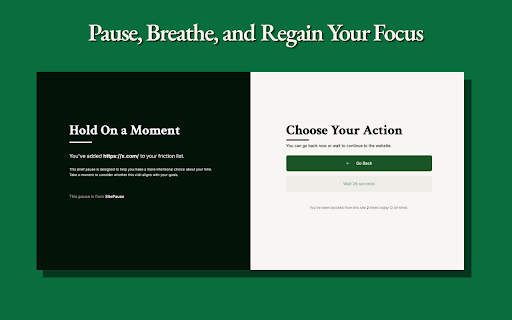 SitePause - Block and Delay Addictive Sites :: Boost your productivity with an intentional, customizable pause before opening distracting websites. Regain your focus.