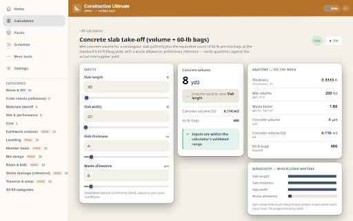 ConstructionVecta :: Construction calculators over signed packs. Calculations stay on-device; connects only to check signed license revocations.