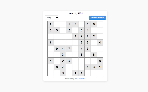 Daily Sudoku Answers :: Get daily NYT Sudoku answers for Easy, Medium, and Hard levels. A simple hint tool for players.