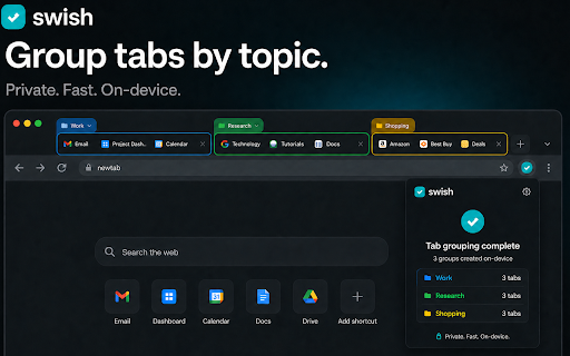 swish :: Sort, group, deduplicate, and undo changes to tabs in your current Chrome window using the popup or keyboard shortcuts.