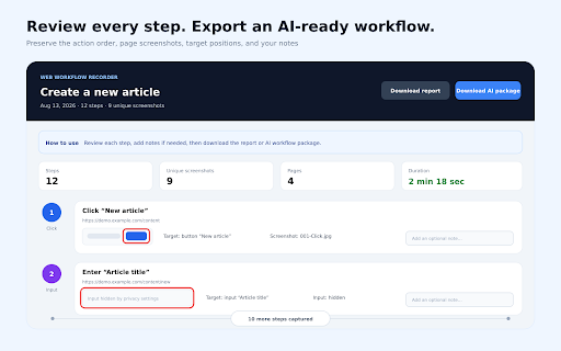 Web Workflow Recorder :: Record clicks, input, selections, scrolling, and navigation. Export visual step-by-step reports and AI-ready workflow packages.
