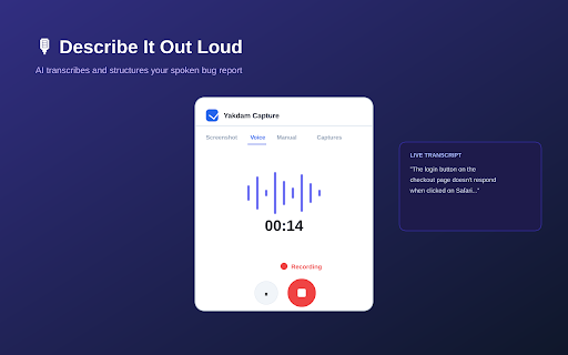 Yakdam Capture :: Capture every bug. Push instantly. AI-powered QA for Yakdam Capture.