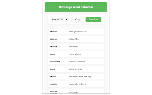 DuoLingo Word Extractor :: Extract words and meanings from Duolingo and view them in a simple table