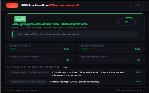 PhishGuard :: Real-time phishing detection: blocklist, domain analysis, NLP content scanning, and threat intelligence APIs.