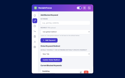 ReclaimFocus :: Block distracting sites, cap browsing time, filter keywords, schedule reminders, and reach focus. 100% local, no tracking.
