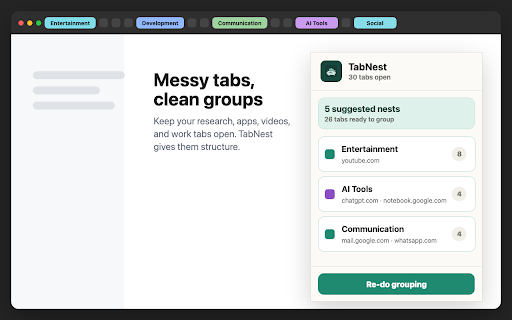 TabNest :: Private tab clustering for messy browser workspaces.