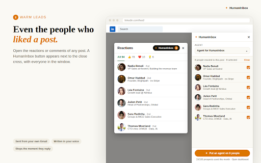 HumanInbox - Email Finder & AI Outreach Agent :: Email finder + AI agent: finds the email of any professional profile, writes the cold email, sends from your Gmail, follows up.