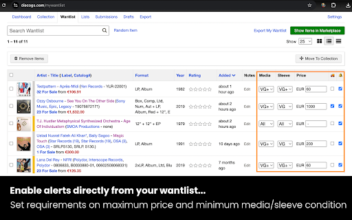 Discogs Notifier :: Get instant alerts when records from your Discogs Wantlist go on sale - with powerful filtering to find exactly what you want.