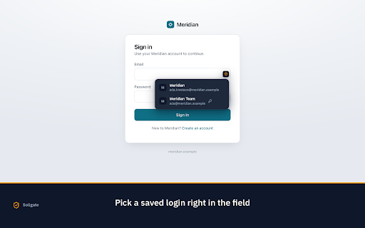 Soligate :: Zero-knowledge password manager: autofill logins, generate strong passwords. Vault encrypted on your device.