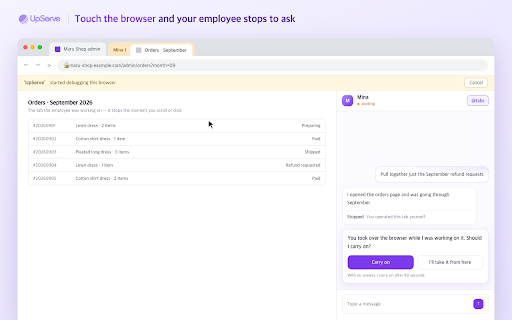 UpServe :: Let your UpServe employees work in your own browser: read the tab you are sharing and act on tabs you hand over.