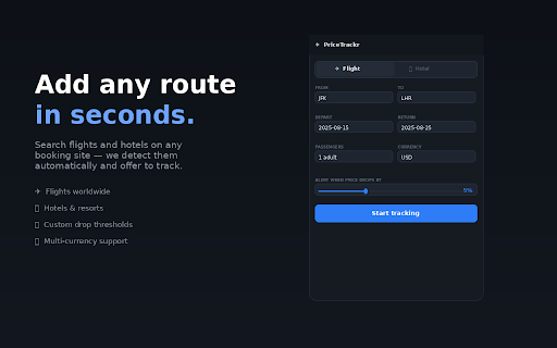 PriceTrackr Travel :: Track flight & hotel prices globally. Get instant alerts when prices drop on your saved routes.