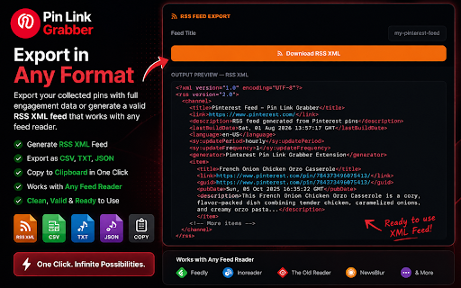 Pin Link Grabber – Pinterest RSS Feed Generator :: Generate RSS feeds from Pinterest searches, boards, and pages, extract pin URLs, and export results to CSV or TXT.