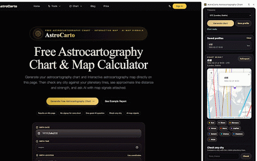 AstroCarto Astrocartography Chart :: Generate an astrocartography chart in Chrome, save local profiles, and check selected cities against planetary lines.