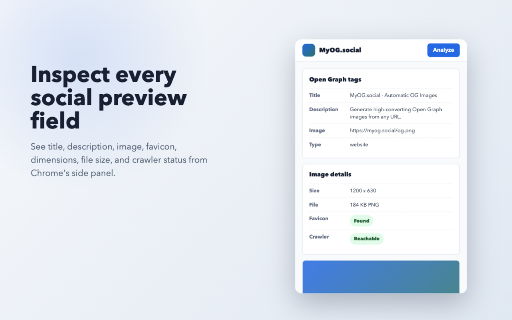 Open Graph Checker & OG Image Preview :: Check Open Graph tags, OG images, meta tags, and social previews from Chrome's side panel.