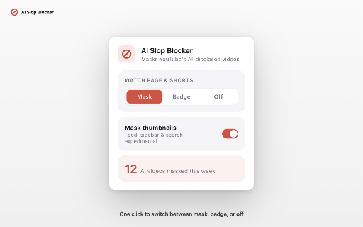 AI Slop Blocker :: Detects YouTube's AI content disclosure badge and masks AI-generated videos until you choose to watch them.