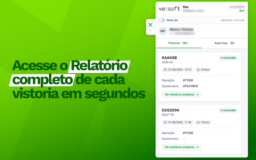 Vex - Painel de Vistorias :: Exibe informações do sistema Vex (vistorias e auto inspeções) do contato ao lado das conversas do WhatsApp Web.