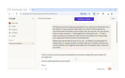 AI Chat Transcript Downloader :: Download ChatGPT & Claude chats as Markdown with timestamps and speaker labels. 100% local, no accounts.