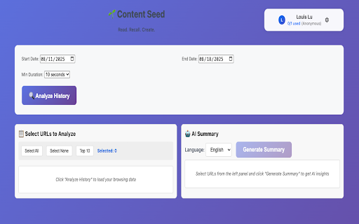 Content Seed - AI-Powered Browsing Insights :: Transform your browsing history into intelligent summaries with AI. Get insights and analytics from your web activity.