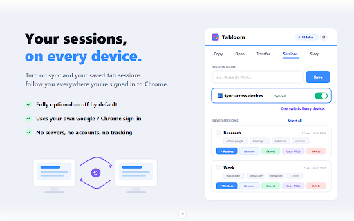 Tabloom: Tab & Session Manager :: Save & restore tab sessions, auto-suspend idle tabs to free RAM, copy or export open tabs, and sync sessions across devices.