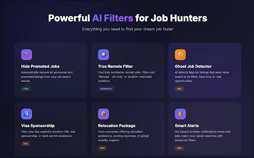 JobHunter AI Pro :: AI job search filters. Hide promoted jobs, find true remote, detect ghost jobs, visa & relocation filters.