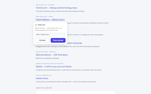ScreenGuard – Blur Sensitive Info When Screen Sharing :: Blurs emails, card numbers and API keys while you share your screen on Zoom, Meet or Teams, and stops risky links before they open.